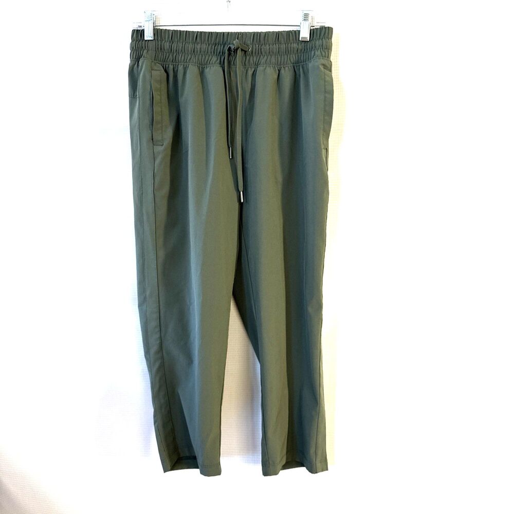 TEK GEAR sports pants polyester pockets elastic waist stripes olive green - S